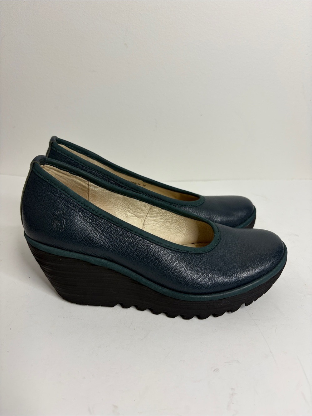 Fly London Shoes Womens 38 US 7.5 8 Blue Leather Yaz Wedge Platform Heels